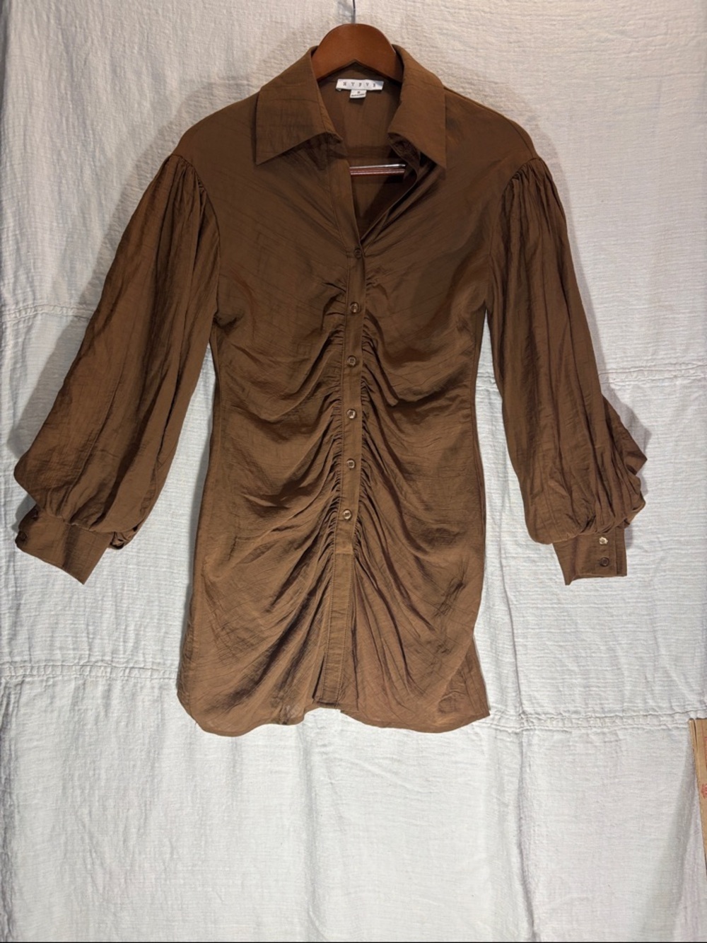 HYFVE Brown Long Sleeve Ruched Button-Front Dress Balloon Sleeves